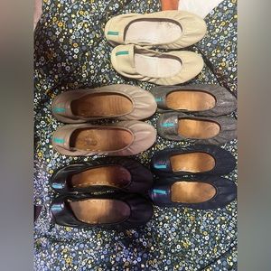 5 pairs of size 8 Tieks. Gray Croc, Black, navy, cream, and taupe. Leather.